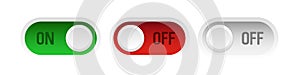 Toggle button 3d. Switch On Off set. Vector clipart isolated on white background.
