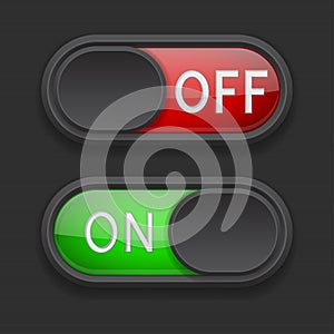 Toggle switch buttons. On and Off red and green buttons on black background
