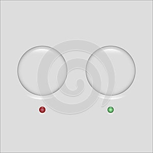 Toggle switch buttons. Red green indicators. Neumorphic round Vector controls. Status interface element.
