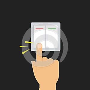 Toggle switch. Electric control concept. Vector graphic design. Isometric icon. Hand turning on the light