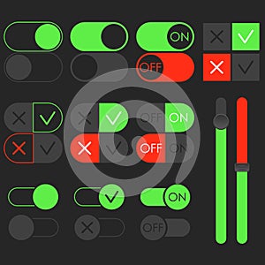 Toggle switch set, dark theme. On and Off green sliders. Template for app and website.