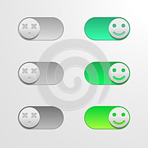 Toggle switch set, On and Off sliders, elements for your design on dark backgound. The switch in the form of smiley