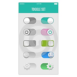 Toggle switch set, On and Off sliders, vector elements for your design. The switches in the form of smiley gea