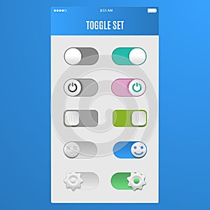 Toggle switch set, On and Off sliders, vector elements for your design. The switches in the form of smiley gear