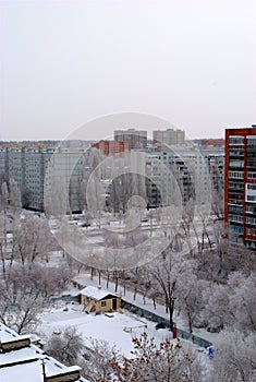 Winter panorama of the city overlooking the temple of Seraphim of Sarov under construction