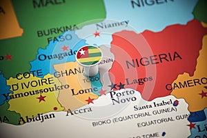 Togo marked with a flag on the map