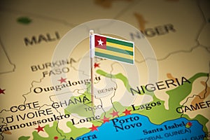 Togo marked with a flag on the map