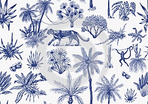 Toile De Jouy banner. Wild tiger and exotic plants. Seamless pattern. Toucan bird and monkey. Exotic Tropical trees photo