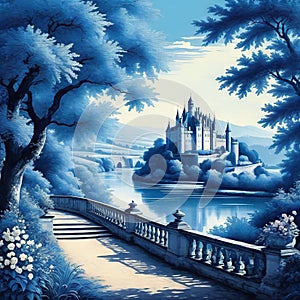 Toile de jouy with countryside views with castles and houses and landscapes with river and bridges with road in blue color