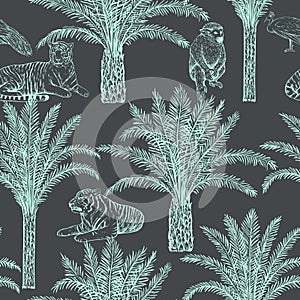 Toile de jouy seamless pattern with palms, tiger and peacock. Vector monochrome print in vintage luxury engraving style for photo