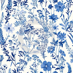 Toile De Jouy Vintage Floral Seamless Pattern Elegant Vector Graphics.