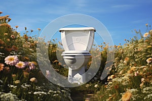 Toilet Amidst Wildflowers Under Blue Sky