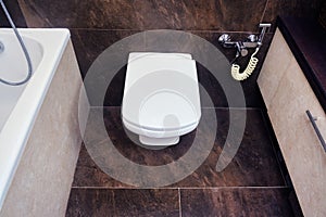 Toilet in the bathroom with a hygienic shower and dark stone tiles. Bathroom interior with dark marble tiles
