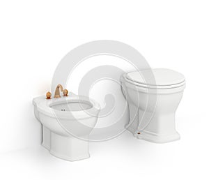 Toilet and bidet isolated on white background