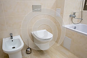 Toilet and bidet in a modern bathroom - raised lid
