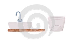 Toilet Bowl or Bidet and Sink with Tap as Bathroom or Washroom Interior Object Vector Set
