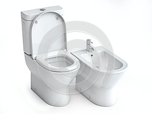 Toilet bowl and bidet on white isolated background