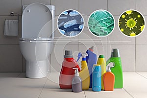 Toilet bowl with different types of bacteria, microbe  and virus and detergent bottles. Toilet hygiene infografic concept