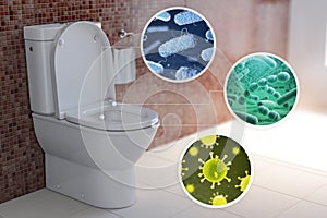 Toilet bowl with different types of bacteria, microbe  and virus. Toilet hygiene infografic concept photo