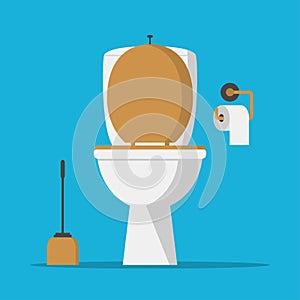 Toilet bowl, lavatory paper and toilet brush. Vector. photo
