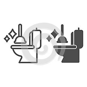 Toilet bowl and plunger line and solid icon, Hygiene routine concept, restroom cleaning tools sign on white background