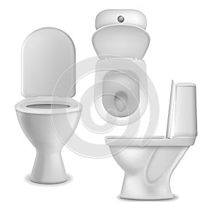 Toilet bowl realistic. Clean lavatory bathroom ceramic bowls group top, side and front view, white toilet basin. Cloakroom or