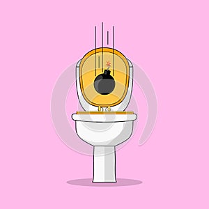 Toilet bowl, seat and round bomb isolated on background. Explosion. Danger weapon in bathroom interior. Vector cartoon