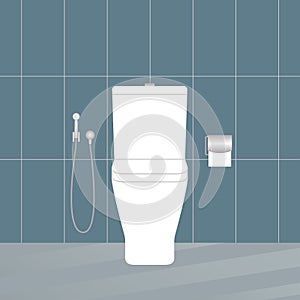 Toilet bowl with toilet paper and hygienic shower. Bathroom interior. Vector illustration.