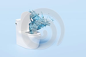 Toilet bowl with vortex, twister water splash isolated on blue background. powerful suction for thorough cleaning concept, 3d