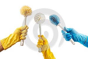 Toilet brush in hand isolated on white or transparent background. Close-up of a blue brush in a hand. Cleaning day