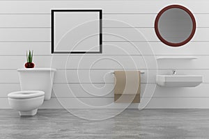 Toilet design in white wall and concrete room with mock up photo frame in 3D rendering