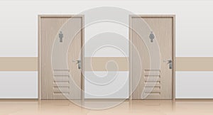 Toilet doors. Realistic interior mockup with bathroom doors for men and women visitors. Vector toilet entrance with
