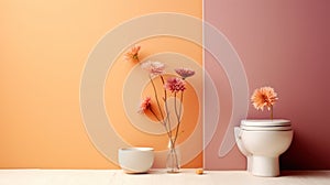 A toilet with flowers in vase on wall next to a pink and orange bathroom, AI