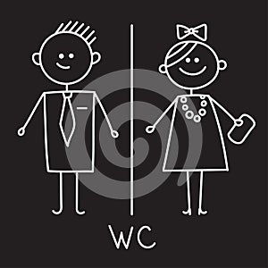 Toilet Icon. Simple Sign Of WC. Men and women WC sign for restroom. Vector Symbol. Chalk sketch on black plate