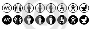 Toilet icons set. Bathroom man and woman symbol. Restroom toilet signs, WC toilet signs, vector illustration. Round shape sign in