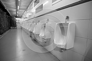 Toilet men`s room.Close up row of outdoor urinals men public toilet,Closeup white urinals in men`s bathroom