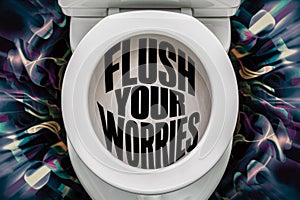 A toilet with a message that says flush your worries, AI