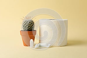 Toilet paper, candles and cactus on background. Hemorrhoids