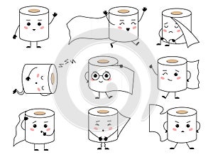 Toilet paper characters. Funny kawaii papers rolls with different emotions. Cute hygiene character, childish education