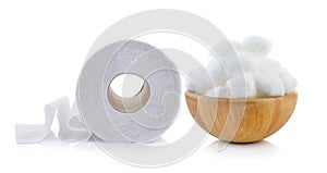 Toilet paper and cotton in the wood bowl photo