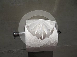 Toilet paper in the hotel bathroom. Interior concept. Fold tissue paper