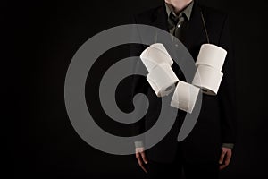 Toilet paper Memes. Business man wearing necklace made of toilet paper