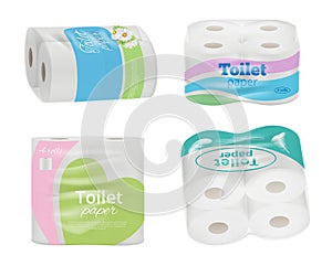 Toilet paper package design. Absorbent hygienic paper soft towels rolls in transparent containers with labels design and place for