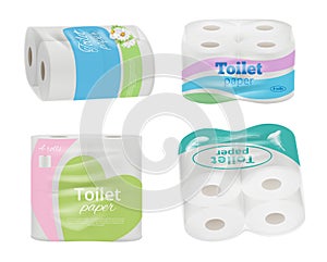 Toilet paper package design. Absorbent hygienic paper soft towels rolls in transparent containers with labels design and