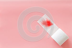 Toilet paper roll and feather for proctology diseases concept on pink background top view mockup