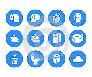 Toilet paper roll, towel flat glyph icons. Hygiene illustrations, mobile wc, restroom, tree layered napkin. Signs for