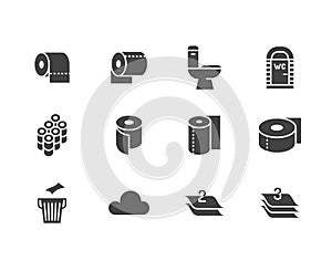 Toilet paper roll, towel flat glyph icons. Hygiene vector illustrations, mobile wc, restroom, tree layered napkin. Signs