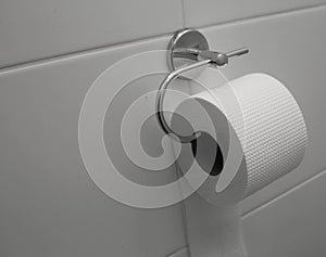 Toilet paper roll on wall stock photo