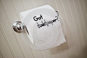 `Got Toilet Paper`, written in sharpie on a toilet paper roll photo