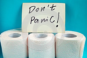 Toilet paper rolls and message don`t panic on blue background.